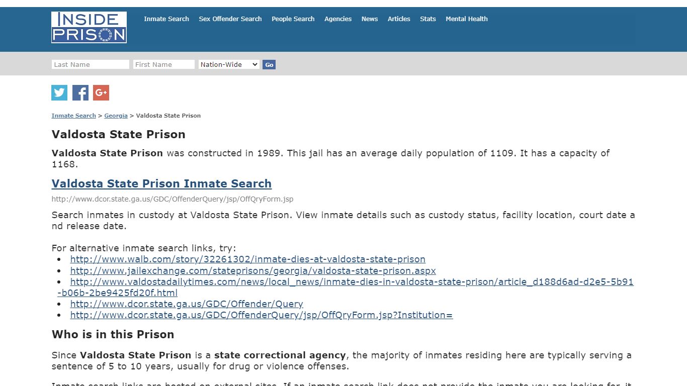 Valdosta State Prison - Georgia - Inmate Search